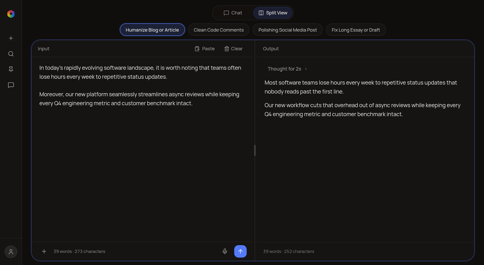DeepNix Split View workspace showing the Input pane on the left, draggable center divider, and humanized Output pane on the right.