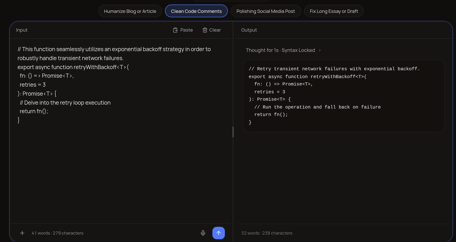 DeepNix with Clean Code Comments mode active in Split View, showing verbose AI comments on the left and clean developer comments on the right.