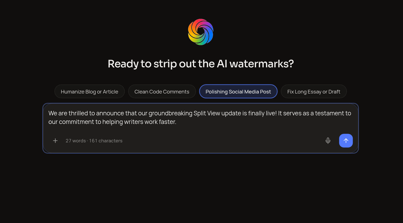 DeepNix screenshot showing Polishing Social Media Post mode active.